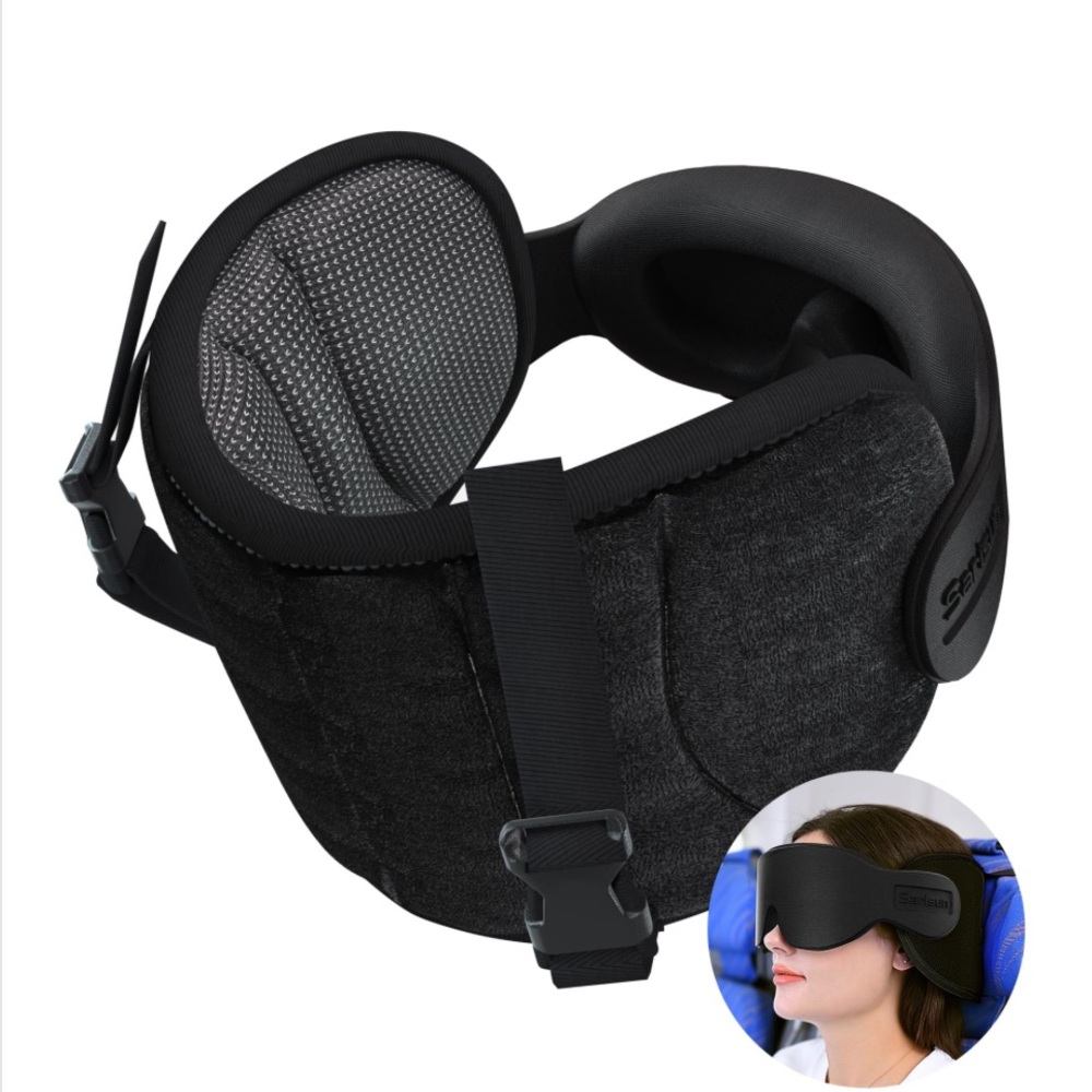 Travel Pillow Headrest 360 Degree Headrest & Eye Mask Black Adult OS.